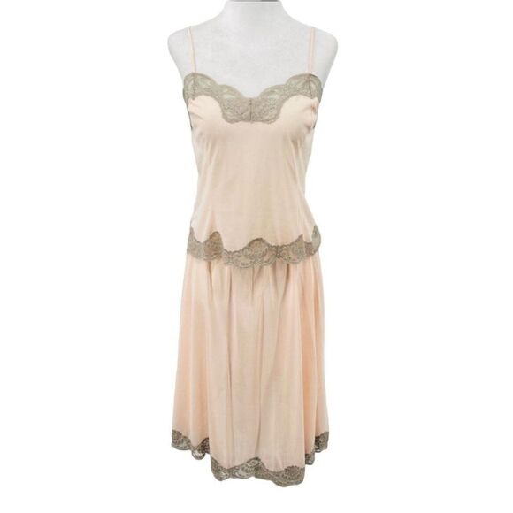 Vintage 60s Lingerie Slip Set M Peach Gray Lace Sweetheart Camisole Circle USA - Picture 1 of 11